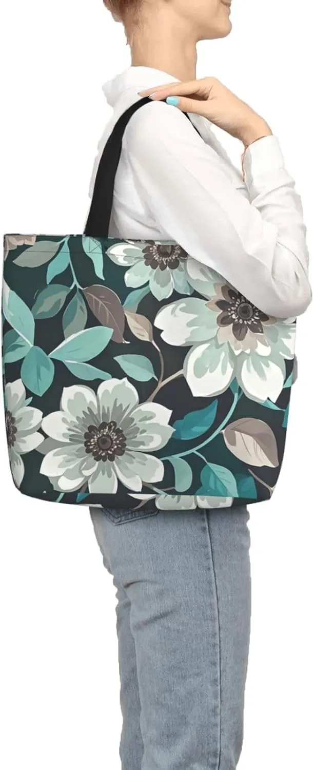 Tote Bag Large Capacity Grocery Bag With Zipper Teal Grey and White Floral Shopping Bag Shoulder Bag for Women