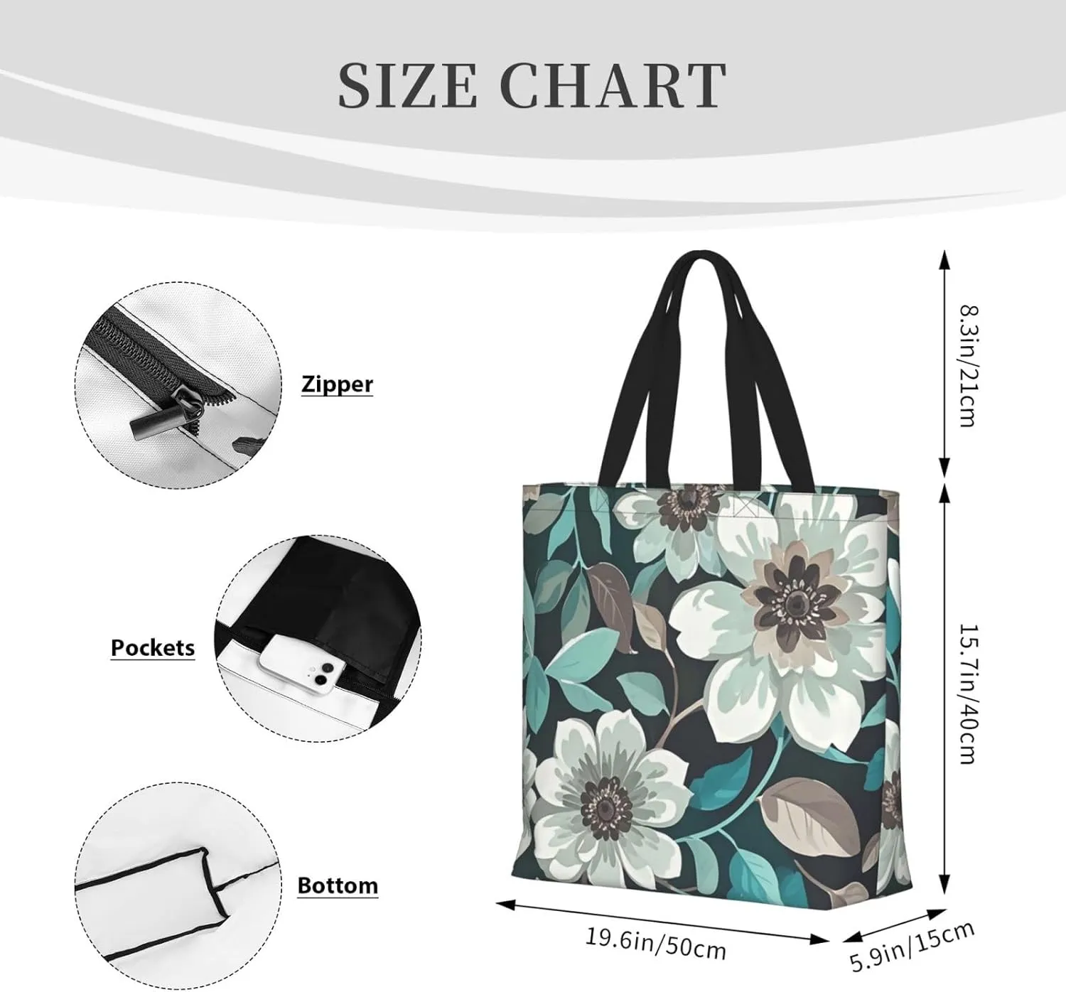 Tote Bag Large Capacity Grocery Bag With Zipper Teal Grey and White Floral Shopping Bag Shoulder Bag for Women