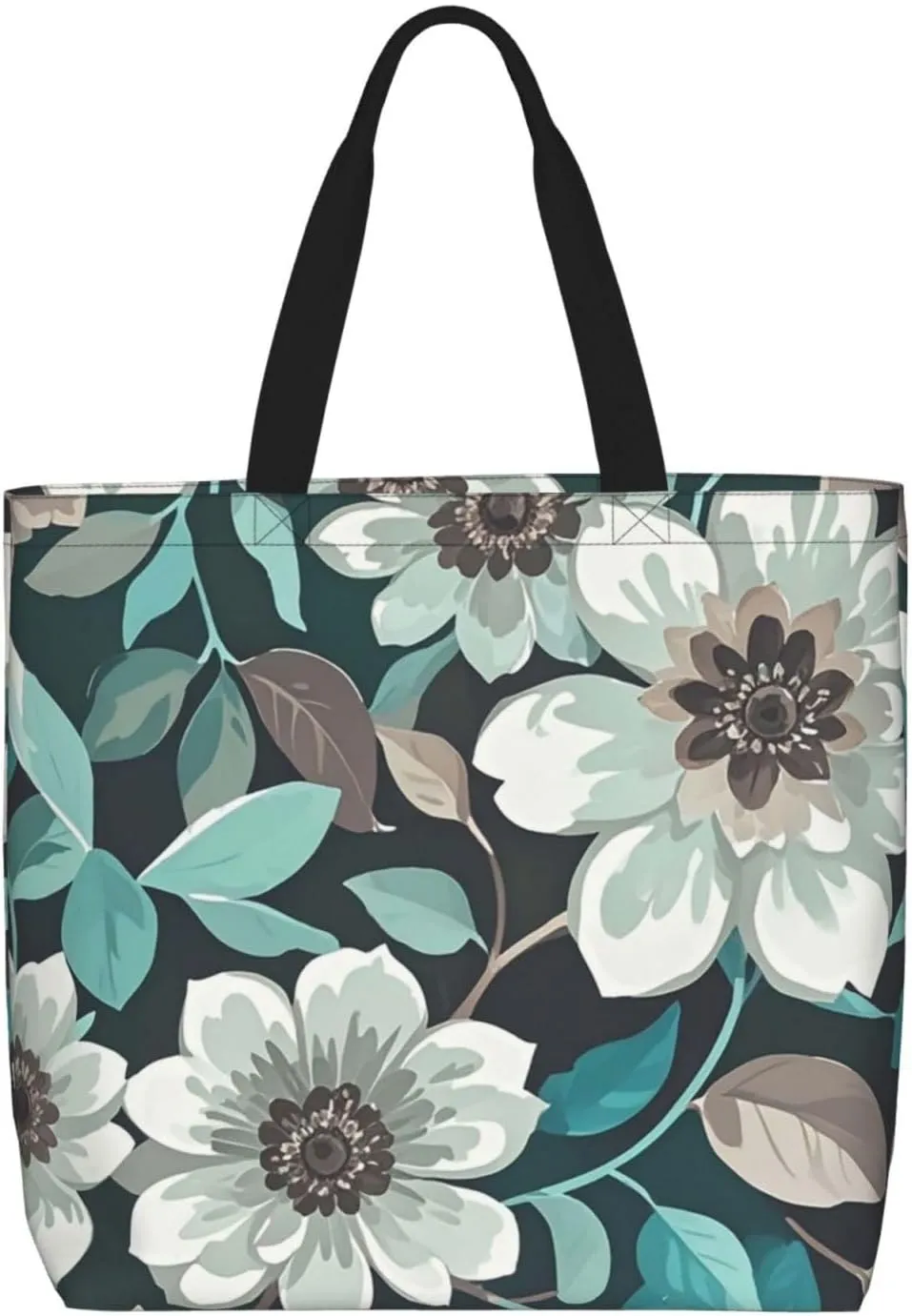 Tote Bag Large Capacity Grocery Bag With Zipper Teal Grey and White Floral Shopping Bag Shoulder Bag for Women