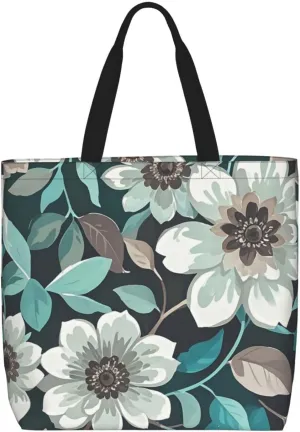 Tote Bag Large Capacity Grocery Bag With Zipper Teal Grey and White Floral Shopping Bag Shoulder Bag for Women