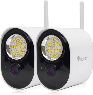 TOUCAN Spotlight Outdoor Home Security Camera, Wired, Night Vision, Motion Sensor, 2-Way Audio, Alexa & Google, No Subscription 2-Pack