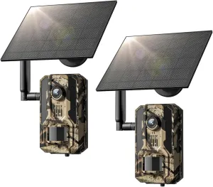 Trail Camera 2Packs, 4G LTE Cellular Trail Cameras Built-in SIM Cards with 2K HD Live Feed Game Camera 0.2S Speed Motion Activated Solar Powered IP66 Waterproof Trail Cam with Night Vision