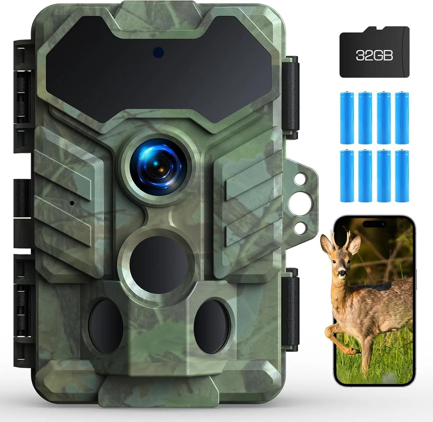 Trail Camera WiFi, 32MP 1080P Game Camera with 32GB Memory Card, Trail Cam with Low Glow Night Vision, 0.1s Trigger Speed 130° Wide-Angle Motion Activated IP66 Waterproof