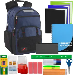 Trail maker Reflective Backpacks with 30 Piece Supplies Kits Prefilled 18 Inch Dual Compartment Backpack Sets (Blue Pack Set)