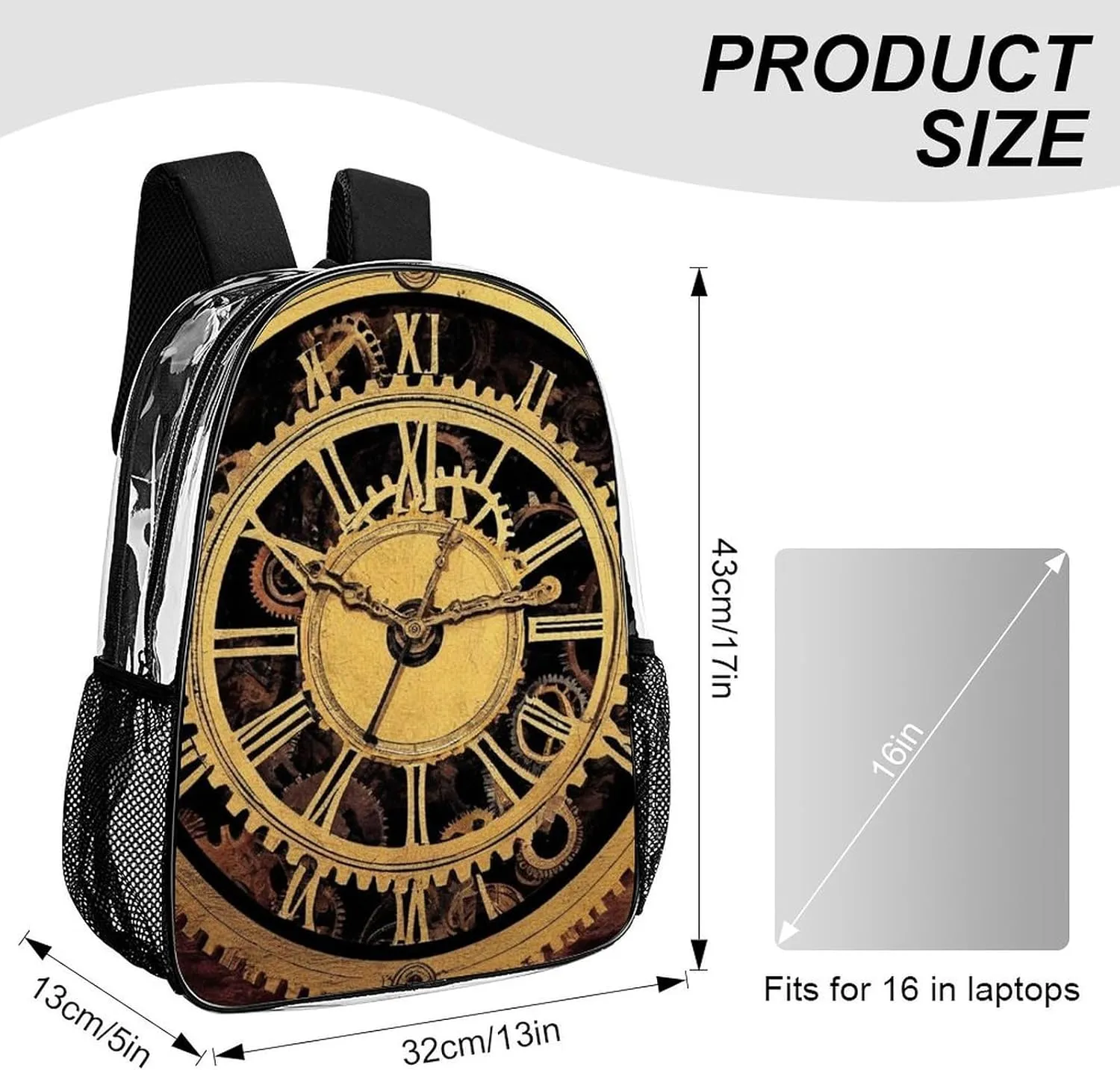 Transparent Daypack for Hiking Work Running - Big Capacity Anti-Theft Multipurpose Shoulder Bag, Cool Steampunk Gears Travel and Sport Backpack Rucksack