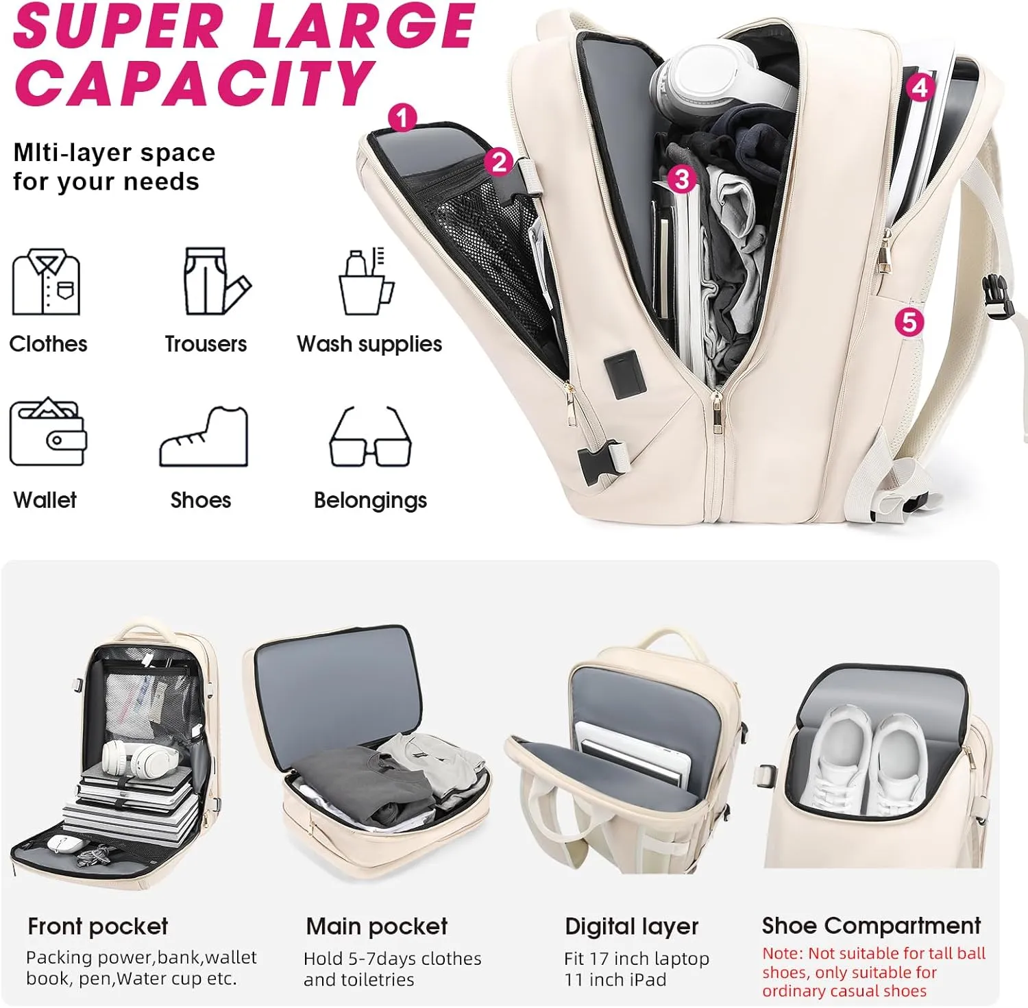 Travel Backpack for Women, 50L Extra Large Capacity Backpack with USB Charging Port, Expandable 17.3 inch Laptop Backpack Mochila Flight Approved, Casual Daypack for Weekender,Beige