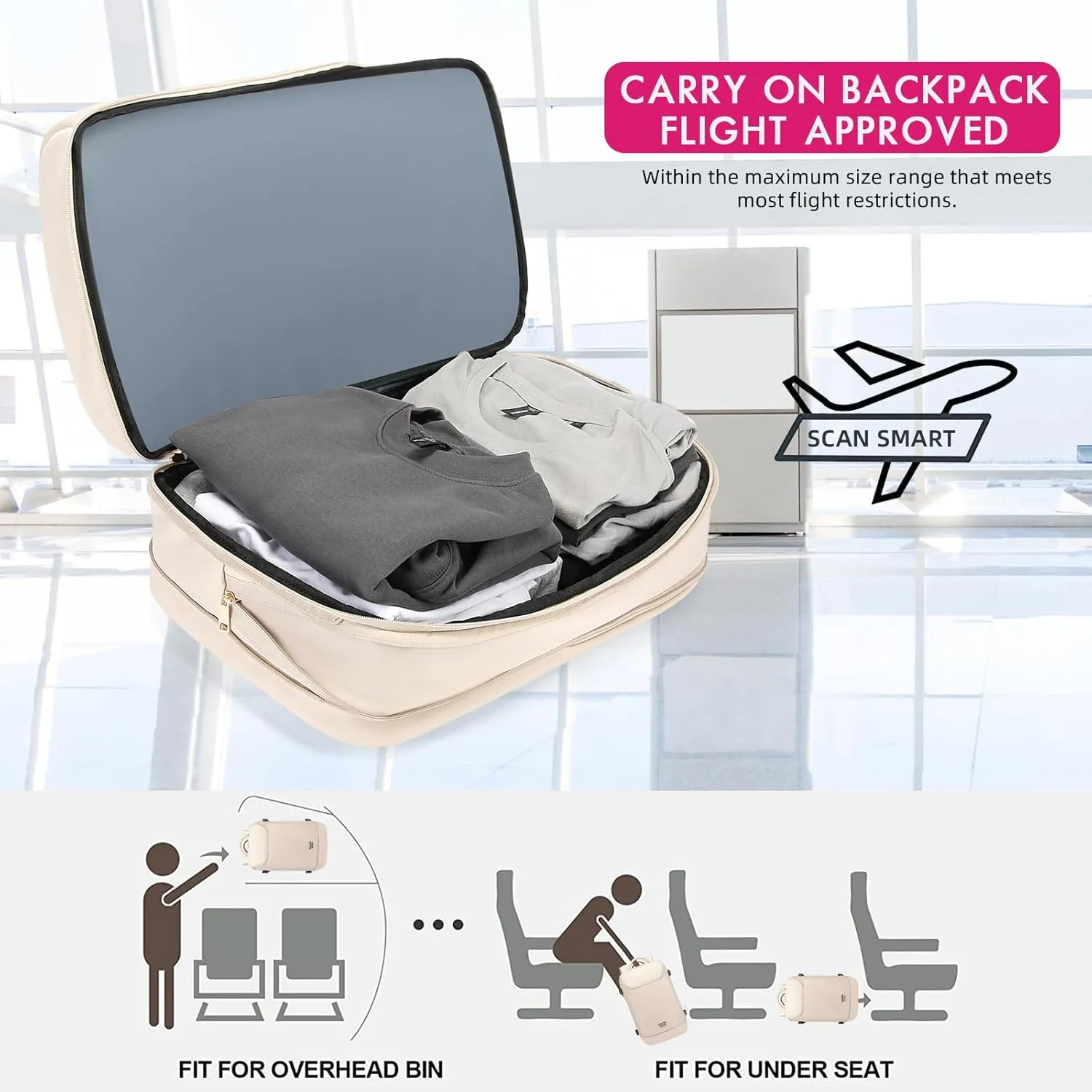 Travel Backpack for Women, 50L Extra Large Capacity Backpack with USB Charging Port, Expandable 17.3 inch Laptop Backpack Mochila Flight Approved, Casual Daypack for Weekender,Beige