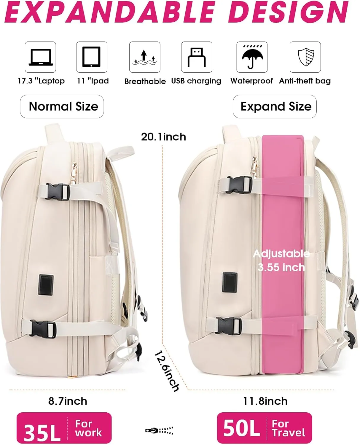 Travel Backpack for Women, 50L Extra Large Capacity Backpack with USB Charging Port, Expandable 17.3 inch Laptop Backpack Mochila Flight Approved, Casual Daypack for Weekender,Beige