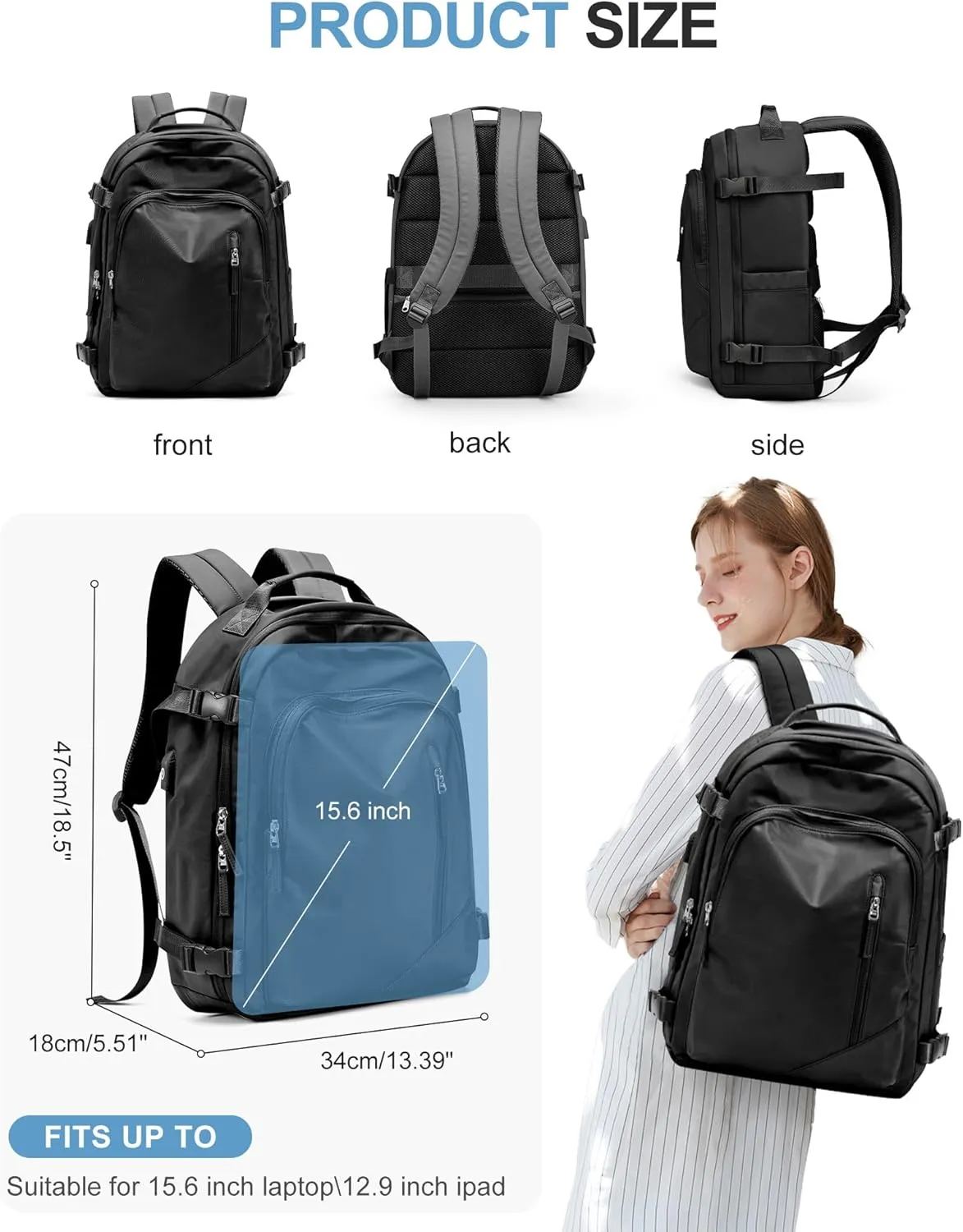 Travel Backpack for Women Men, Carry on Backpack Flight Approved Item Bag,Casual Daypacks Cabin Bagage,Hiking Backpack Lightweight Rucksack, Business Laptop Backpack with USB Charger Black Large