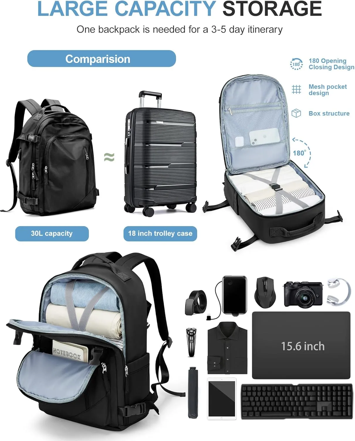 Travel Backpack for Women Men, Carry on Backpack Flight Approved Item Bag,Casual Daypacks Cabin Bagage,Hiking Backpack Lightweight Rucksack, Business Laptop Backpack with USB Charger Black Large