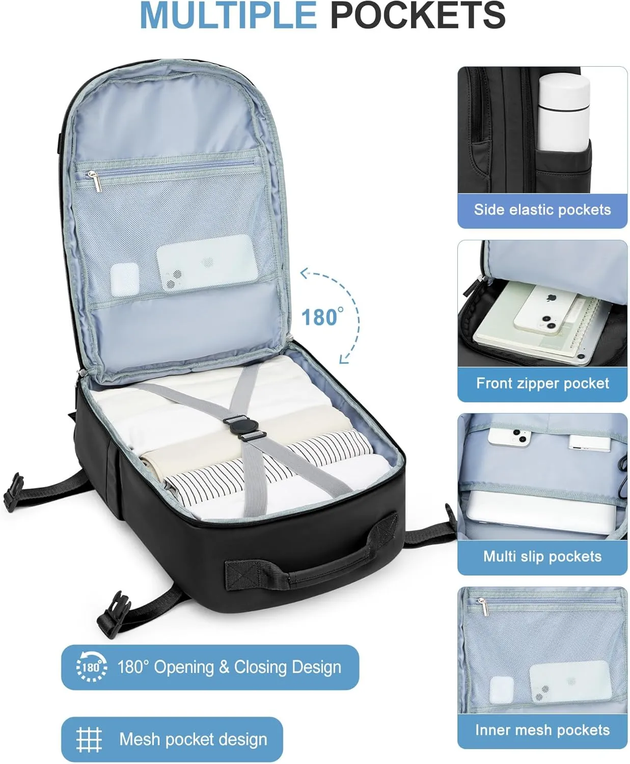 Travel Backpack for Women Men, Carry on Backpack Flight Approved Item Bag,Casual Daypacks Cabin Bagage,Hiking Backpack Lightweight Rucksack, Business Laptop Backpack with USB Charger Black Large