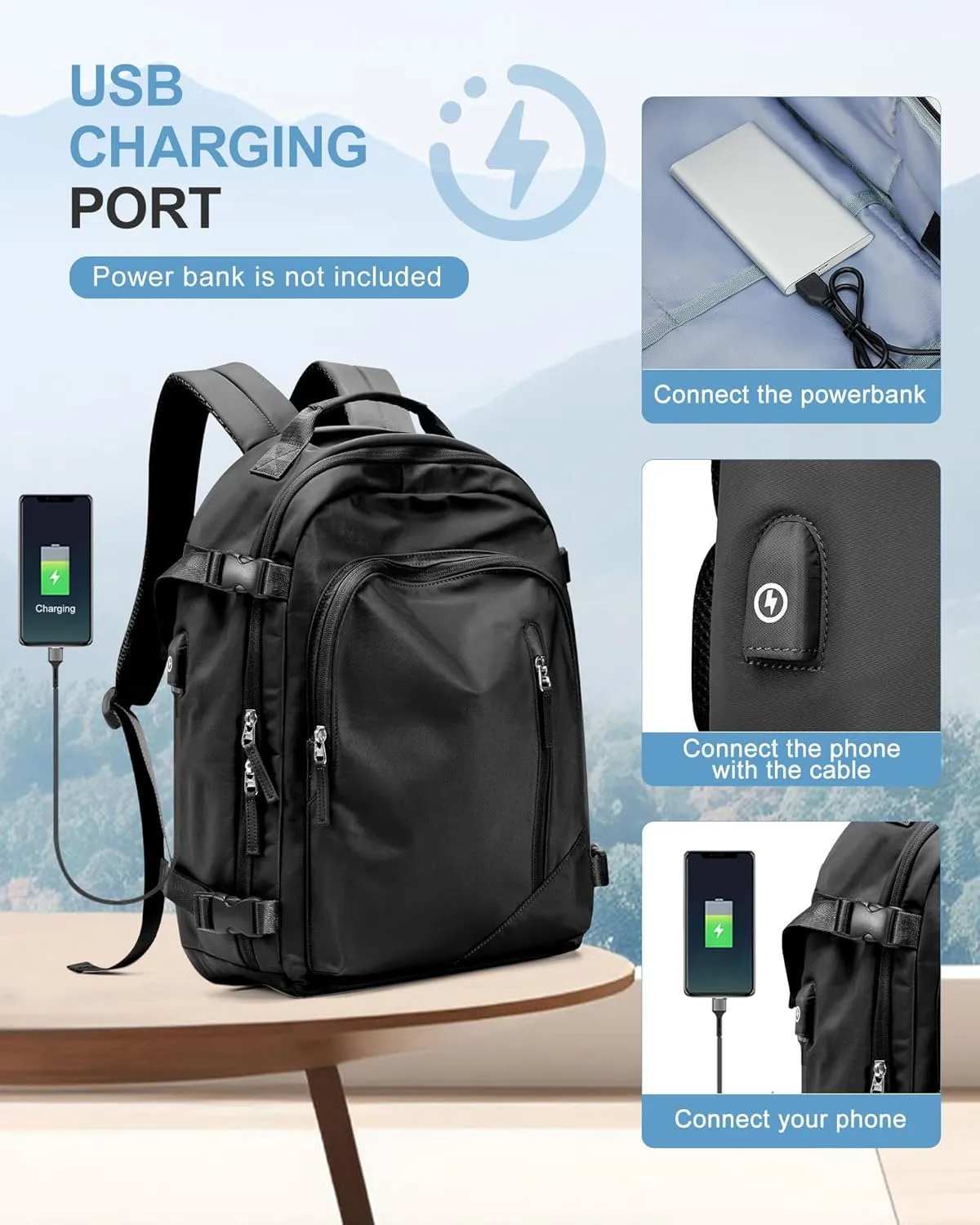 Travel Backpack for Women Men, Carry on Backpack Flight Approved Item Bag,Casual Daypacks Cabin Bagage,Hiking Backpack Lightweight Rucksack, Business Laptop Backpack with USB Charger Black Large