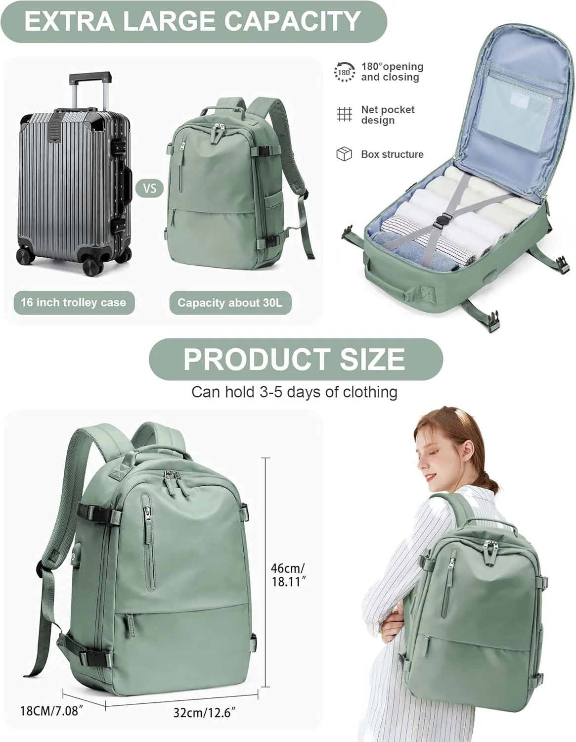 Travel Backpack for Women,Carry on Backpack Flight Approved,Casual Daypacks Cabin Bagage,Hiking Backpack Lightweight Rucksack (Simple, Military Green)