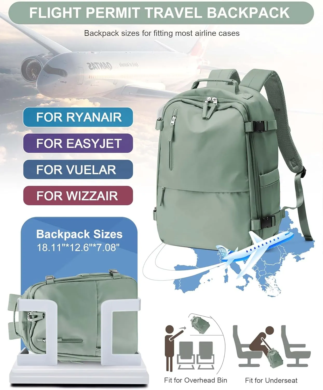 Travel Backpack for Women,Carry on Backpack Flight Approved,Casual Daypacks Cabin Bagage,Hiking Backpack Lightweight Rucksack (Simple, Military Green)