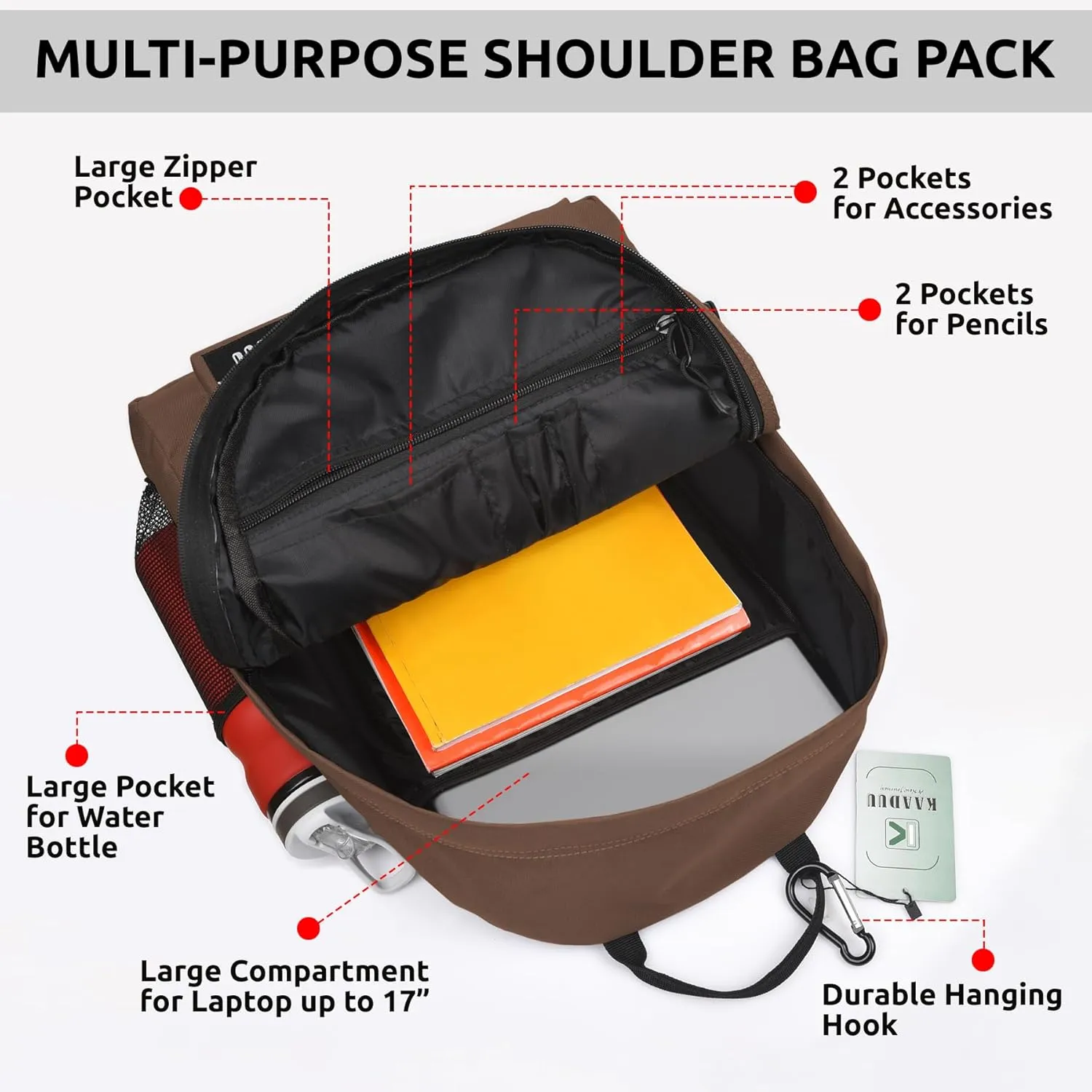 TRAVEL BACKPACK LIGHTWEIGHT CASUAL DAYPACK GYM BACKPACK LAPTOP BACKPACK SPORT BACKPACK RUCKSACK CAMPING BACKPACK 16.5” (Brown)