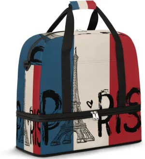 Travel Duffel Bag France Paris Eiffel Sport Gym Bag for Woman Man,Waterproof Foldable Weekend Overnight Bag for Yoga Workout Training with Shoe Compartment