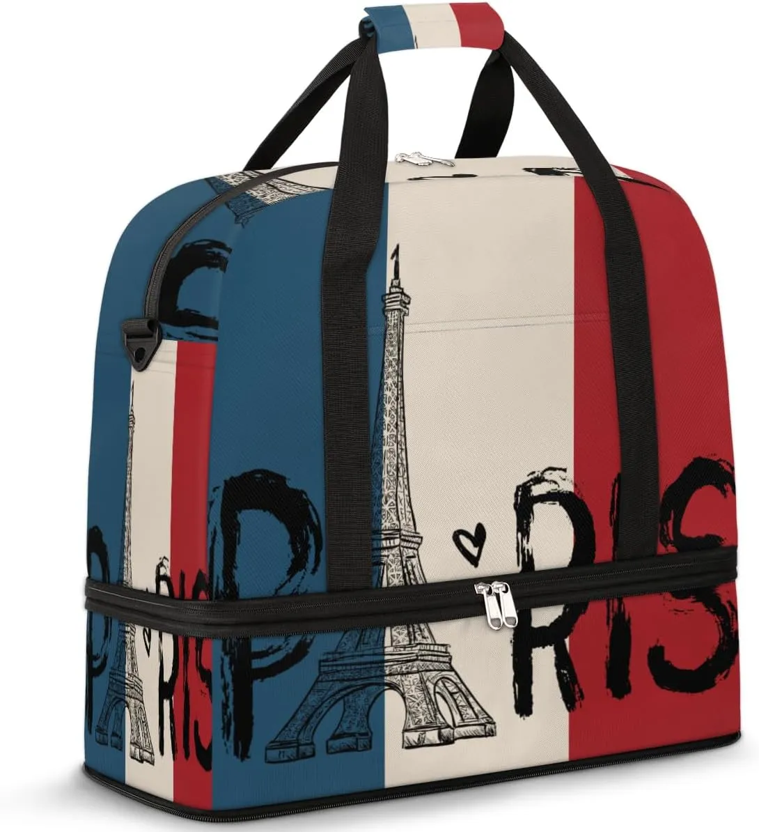 Travel Duffel Bag France Paris Eiffel Sport Gym Bag for Woman Man,Waterproof Foldable Weekend Overnight Bag for Yoga Workout Training with Shoe Compartment