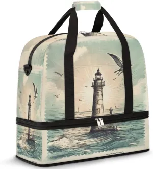 Travel Duffel Bag Vintage Lighthouse Stamp Sport Gym Bag for Woman Man,Waterproof Foldable Weekend Overnight Bag for Yoga Workout Training with Shoe Compartment