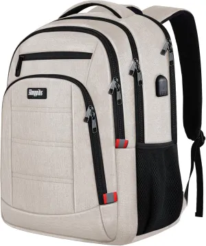 Travel Laptop Backpack for Women, School Backpack with USB Charging Port,Water Resistant Backpack for Girls, Business Work College bookbag,book bag Fits 15.6 Inch,Beige Back Pack