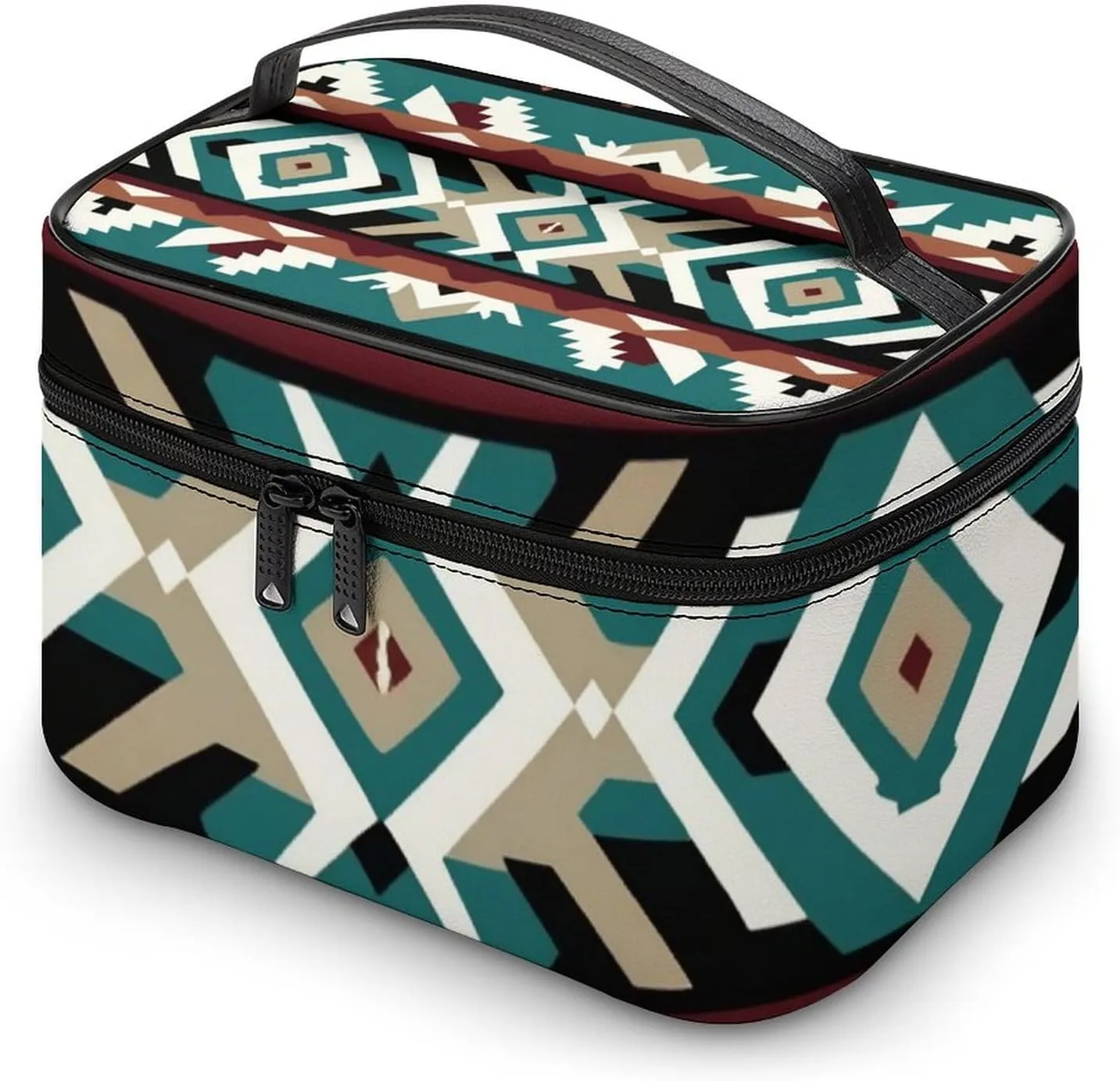 Travel Large Cosmetic Bag for Women, Portable Makeup Organizer Case with Handle Teal Turquoise Tribal Navajo Aztec Geometric Ethnic Pattern Toiletry Bag Makeup Accessories