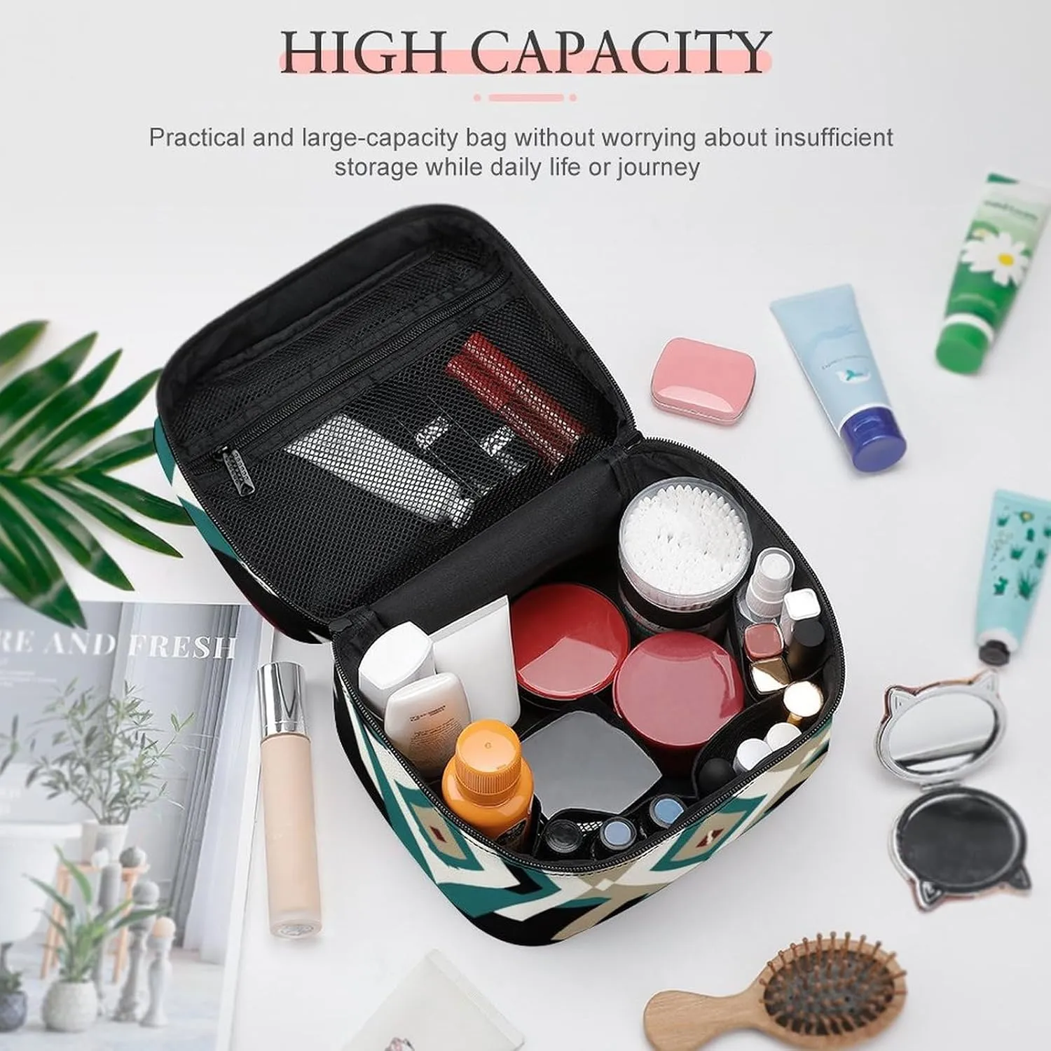 Travel Large Cosmetic Bag for Women, Portable Makeup Organizer Case with Handle Teal Turquoise Tribal Navajo Aztec Geometric Ethnic Pattern Toiletry Bag Makeup Accessories