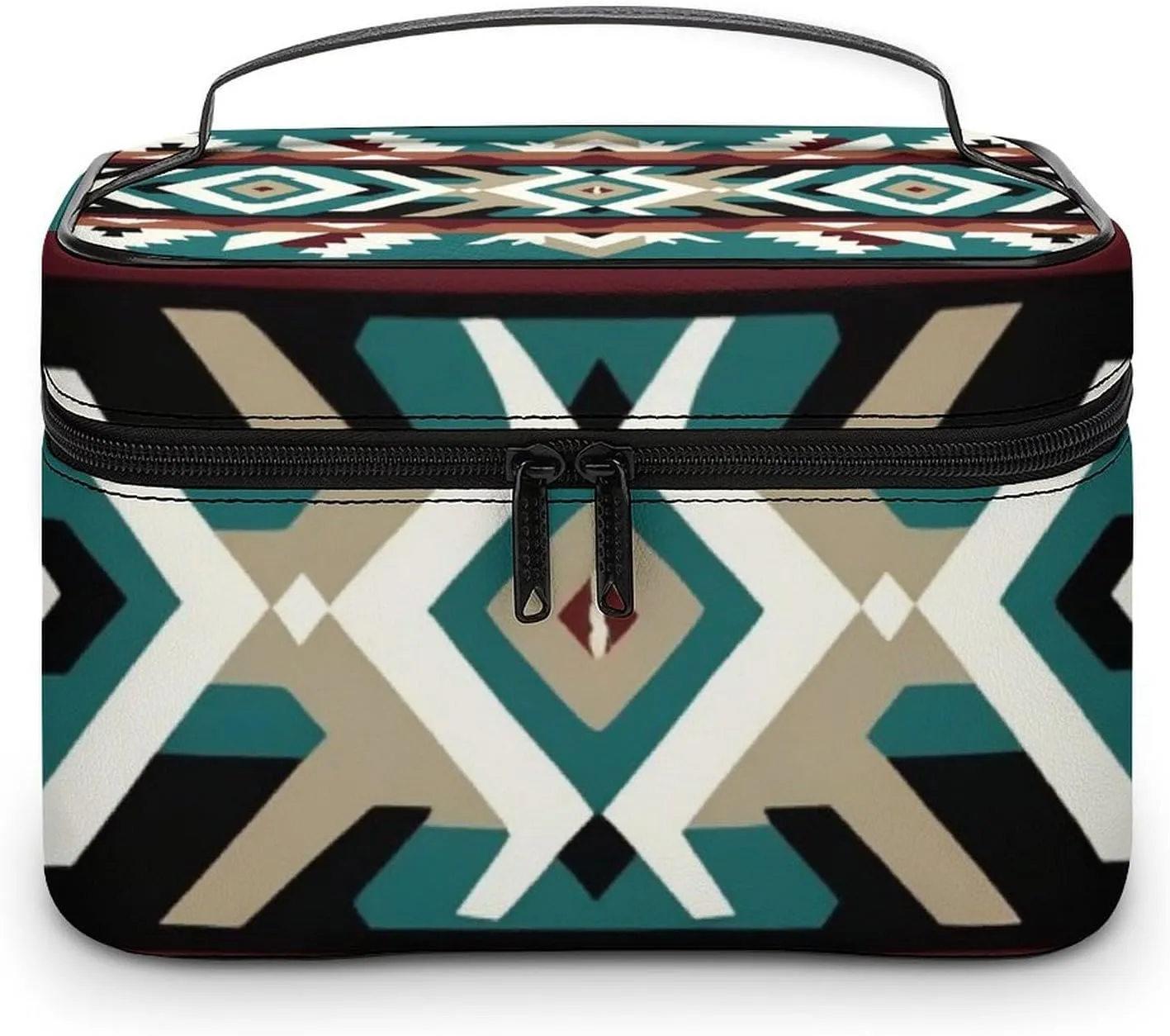 Travel Large Cosmetic Bag for Women, Portable Makeup Organizer Case with Handle Teal Turquoise Tribal Navajo Aztec Geometric Ethnic Pattern Toiletry Bag Makeup Accessories