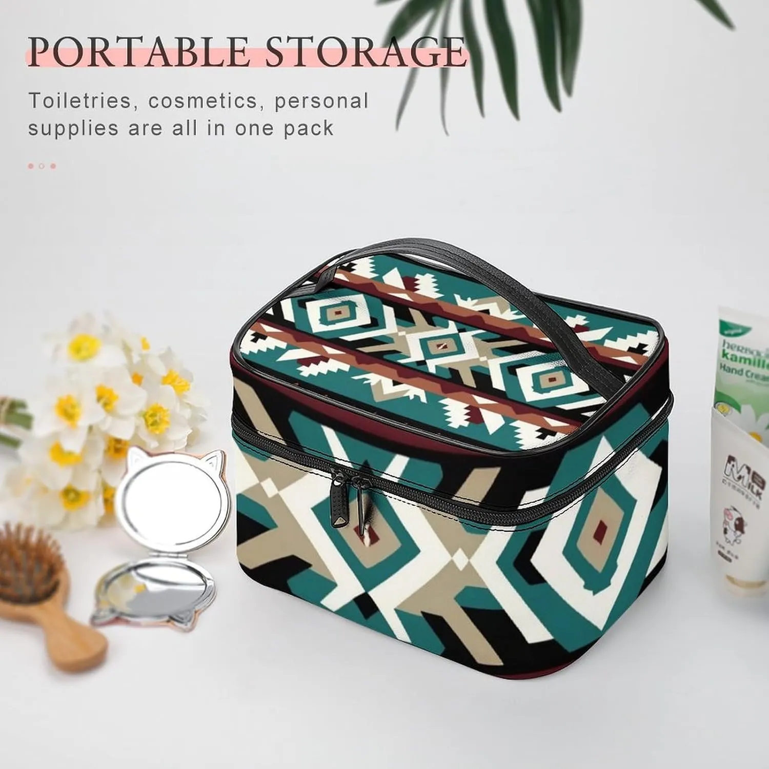 Travel Large Cosmetic Bag for Women, Portable Makeup Organizer Case with Handle Teal Turquoise Tribal Navajo Aztec Geometric Ethnic Pattern Toiletry Bag Makeup Accessories