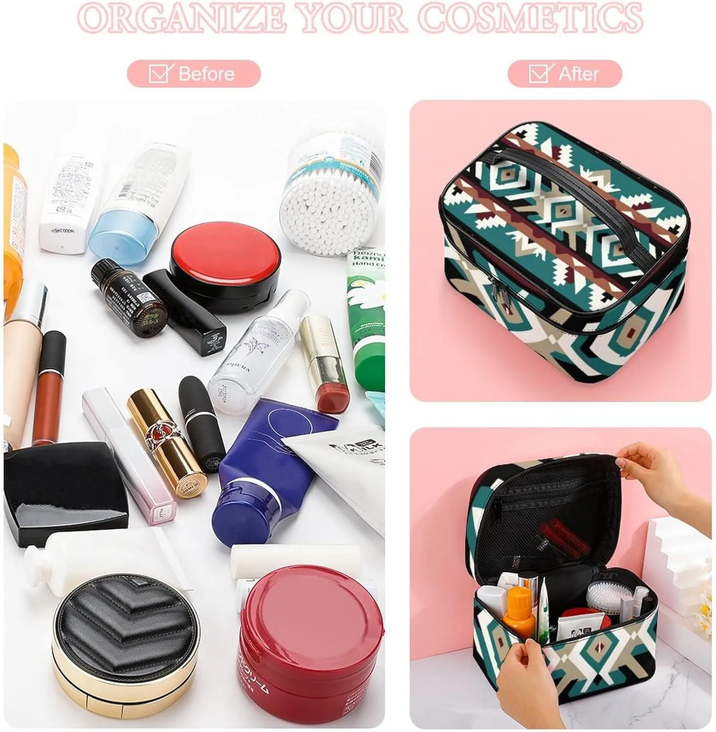Travel Large Cosmetic Bag for Women, Portable Makeup Organizer Case with Handle Teal Turquoise Tribal Navajo Aztec Geometric Ethnic Pattern Toiletry Bag Makeup Accessories