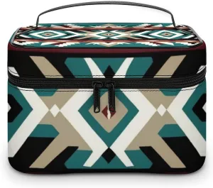 Travel Large Cosmetic Bag for Women, Portable Makeup Organizer Case with Handle Teal Turquoise Tribal Navajo Aztec Geometric Ethnic Pattern Toiletry Bag Makeup Accessories