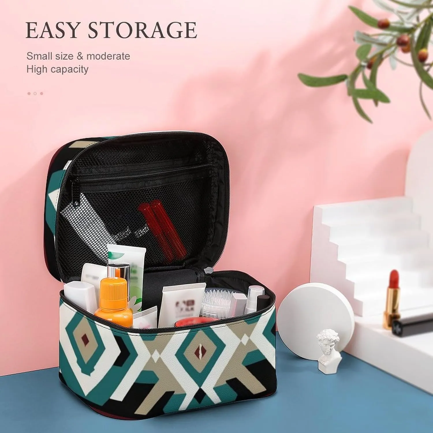 Travel Large Cosmetic Bag for Women, Portable Makeup Organizer Case with Handle Teal Turquoise Tribal Navajo Aztec Geometric Ethnic Pattern Toiletry Bag Makeup Accessories