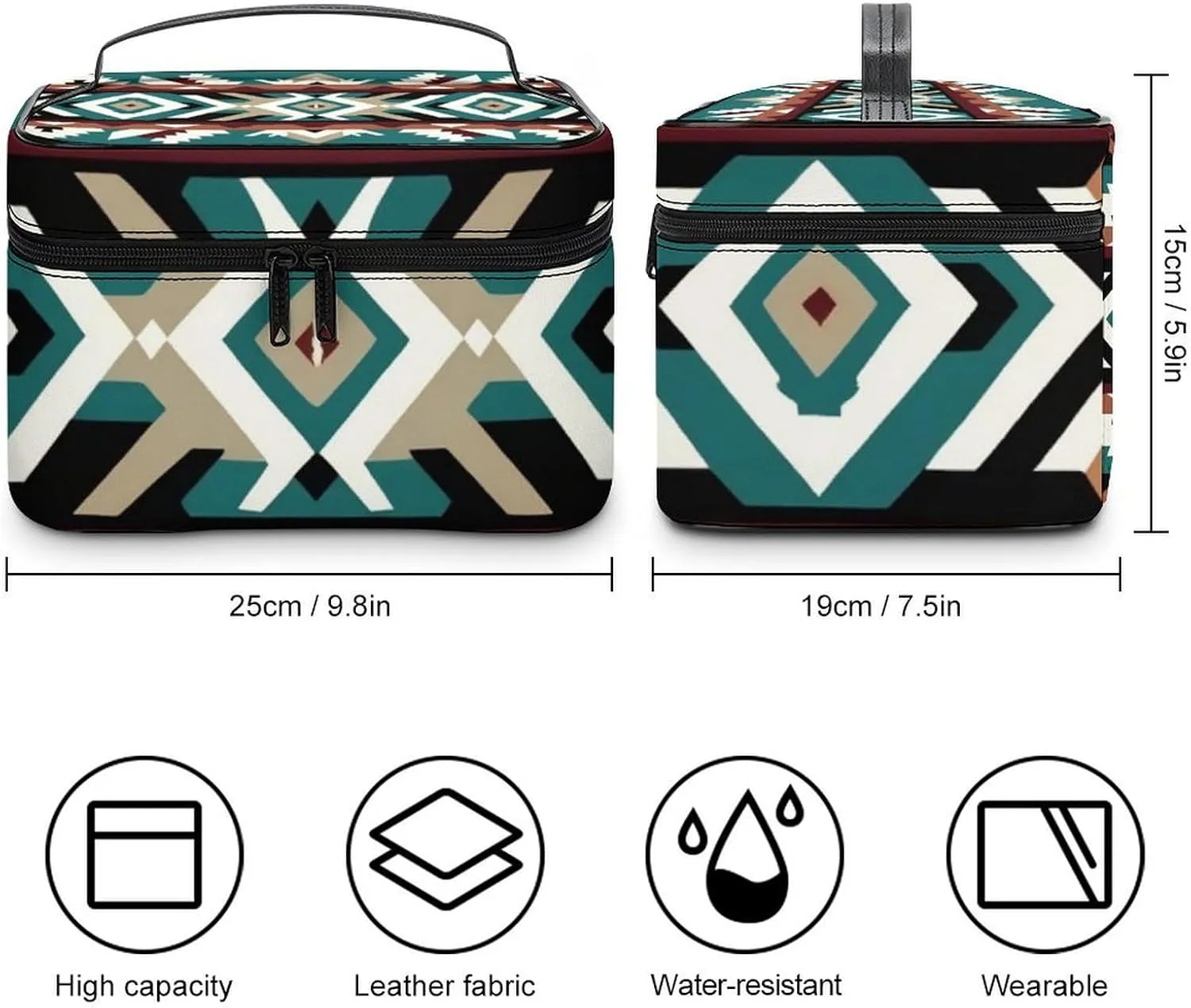 Travel Large Cosmetic Bag for Women, Portable Makeup Organizer Case with Handle Teal Turquoise Tribal Navajo Aztec Geometric Ethnic Pattern Toiletry Bag Makeup Accessories