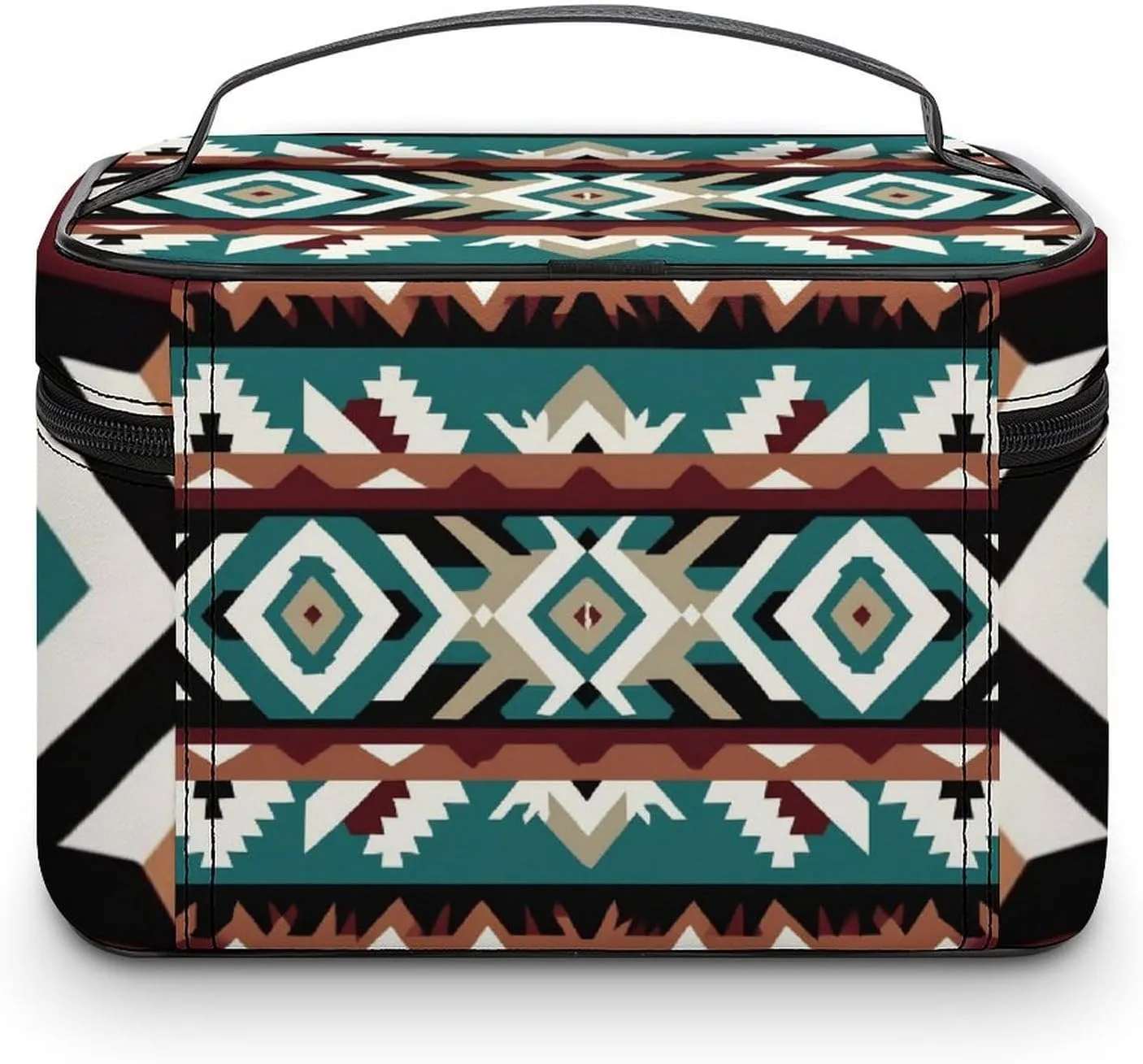 Travel Large Cosmetic Bag for Women, Portable Makeup Organizer Case with Handle Teal Turquoise Tribal Navajo Aztec Geometric Ethnic Pattern Toiletry Bag Makeup Accessories