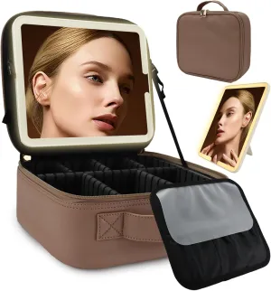 Travel Makeup Bag for Women and Makeup Artists Cosmetic Organizer Large Makeup Case,Travel Makeup Bag with Mirror 3 Color Setting,Portable Storage and Adjustable Dividers Makeup Bag(Mocha)