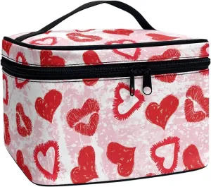 Travel Makeup Bag for Women Valentines Cute Small Make Up Bags Cosmetic Bag Toiletry Organizer Pouch Portable Zipper Cosmetic Skincare Case, Love Heart Red Lips