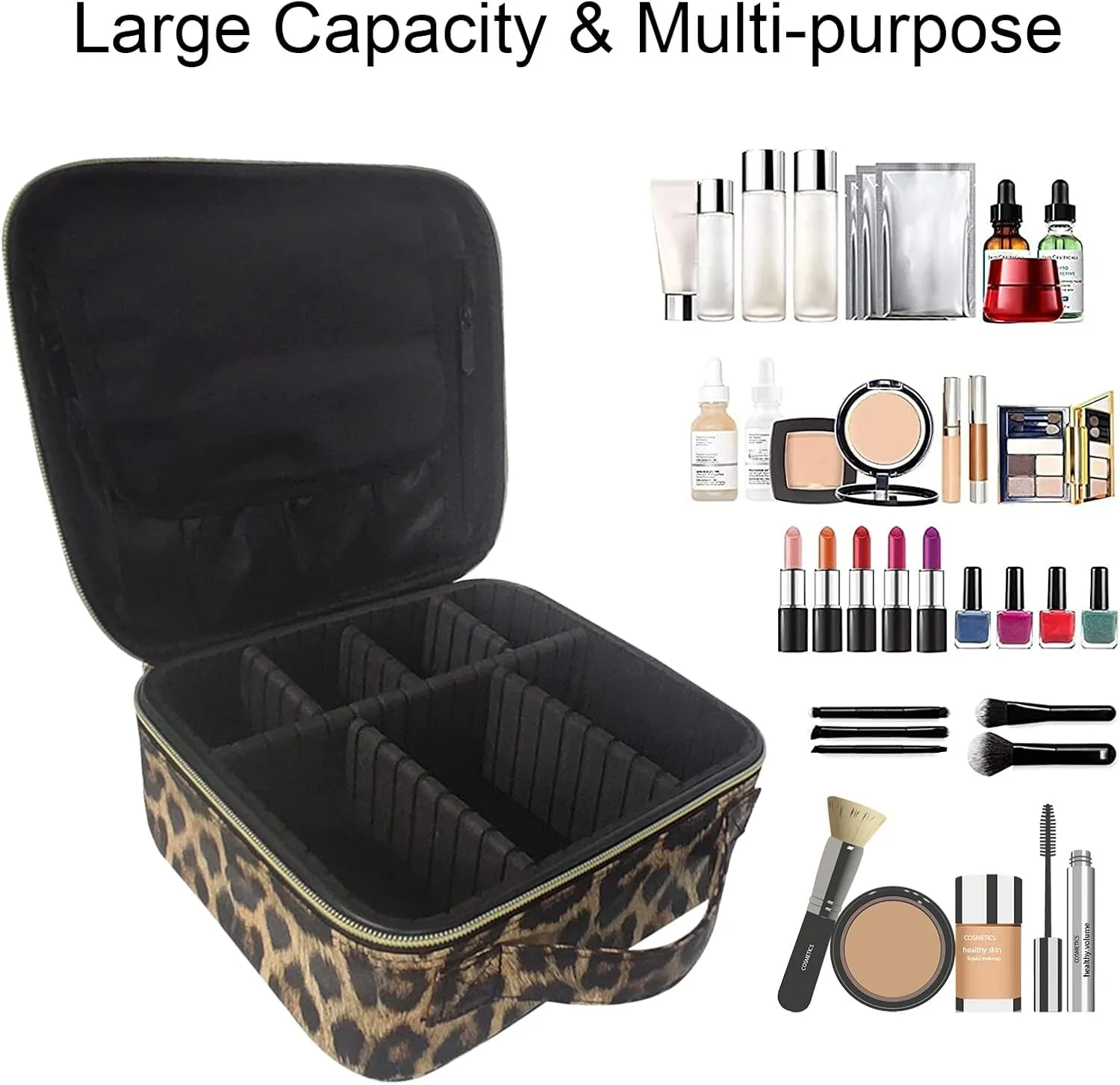 Travel Makeup Bag with Adjustable Dividers, Cosmetic Train Storage Case Organizer for Professional Cosmetic Brushes