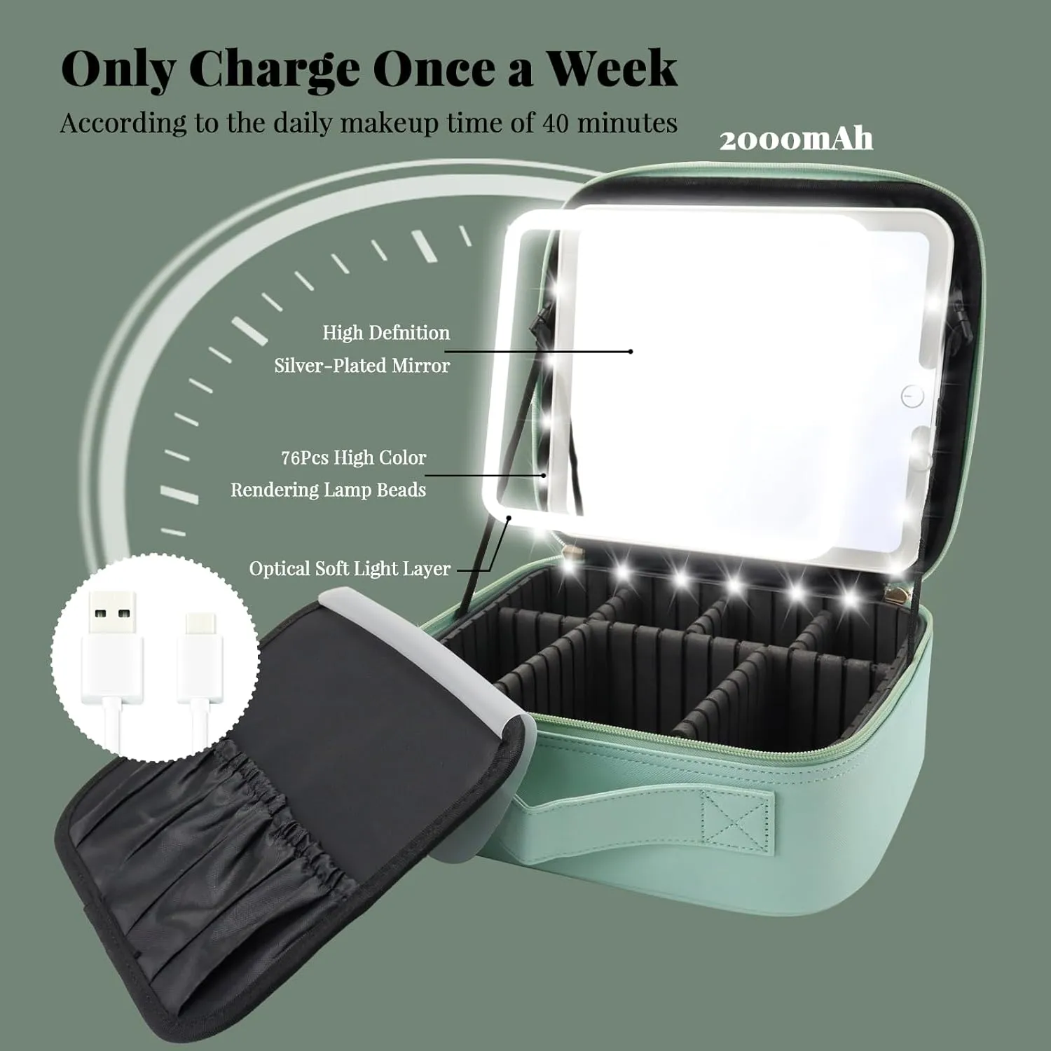 Travel Makeup Bag with LED Mirror and Light Makeup Travel Bag Organizer Portable Cosmetic Brush Organizer Bag with Adjustable Dividers for Cosmetics Makeup Brushes Toiletry (Light Green)
