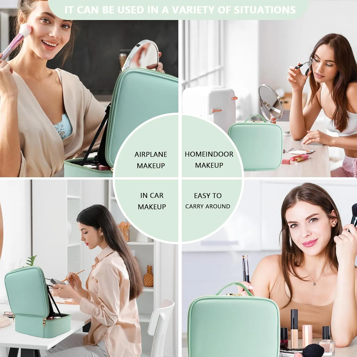 Travel Makeup Bag with LED Mirror and Light Makeup Travel Bag Organizer Portable Cosmetic Brush Organizer Bag with Adjustable Dividers for Cosmetics Makeup Brushes Toiletry (Light Green)