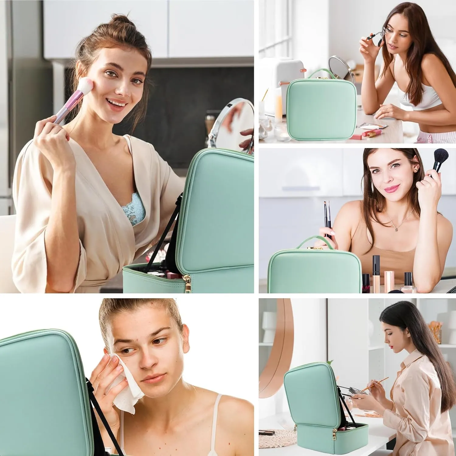 Travel Makeup Bag with LED Mirror and Light Makeup Travel Bag Organizer Portable Cosmetic Brush Organizer Bag with Adjustable Dividers for Cosmetics Makeup Brushes Toiletry (Light Green)