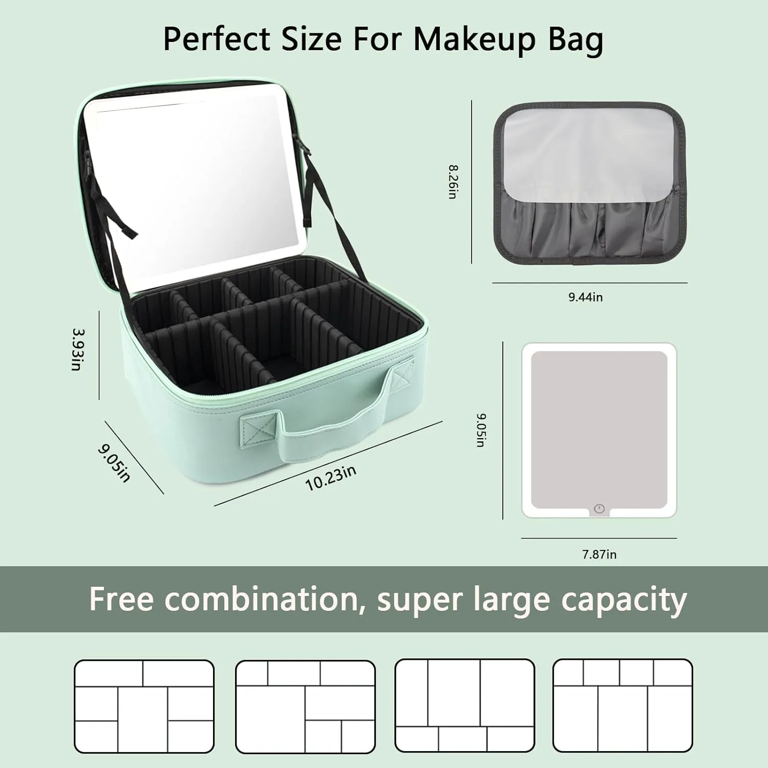 Travel Makeup Bag with LED Mirror and Light Makeup Travel Bag Organizer Portable Cosmetic Brush Organizer Bag with Adjustable Dividers for Cosmetics Makeup Brushes Toiletry (Light Green)