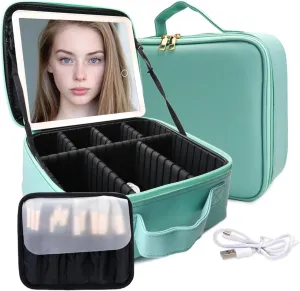 Travel Makeup Bag with LED Mirror and Light Makeup Travel Bag Organizer Portable Cosmetic Brush Organizer Bag with Adjustable Dividers for Cosmetics Makeup Brushes Toiletry (Light Green)