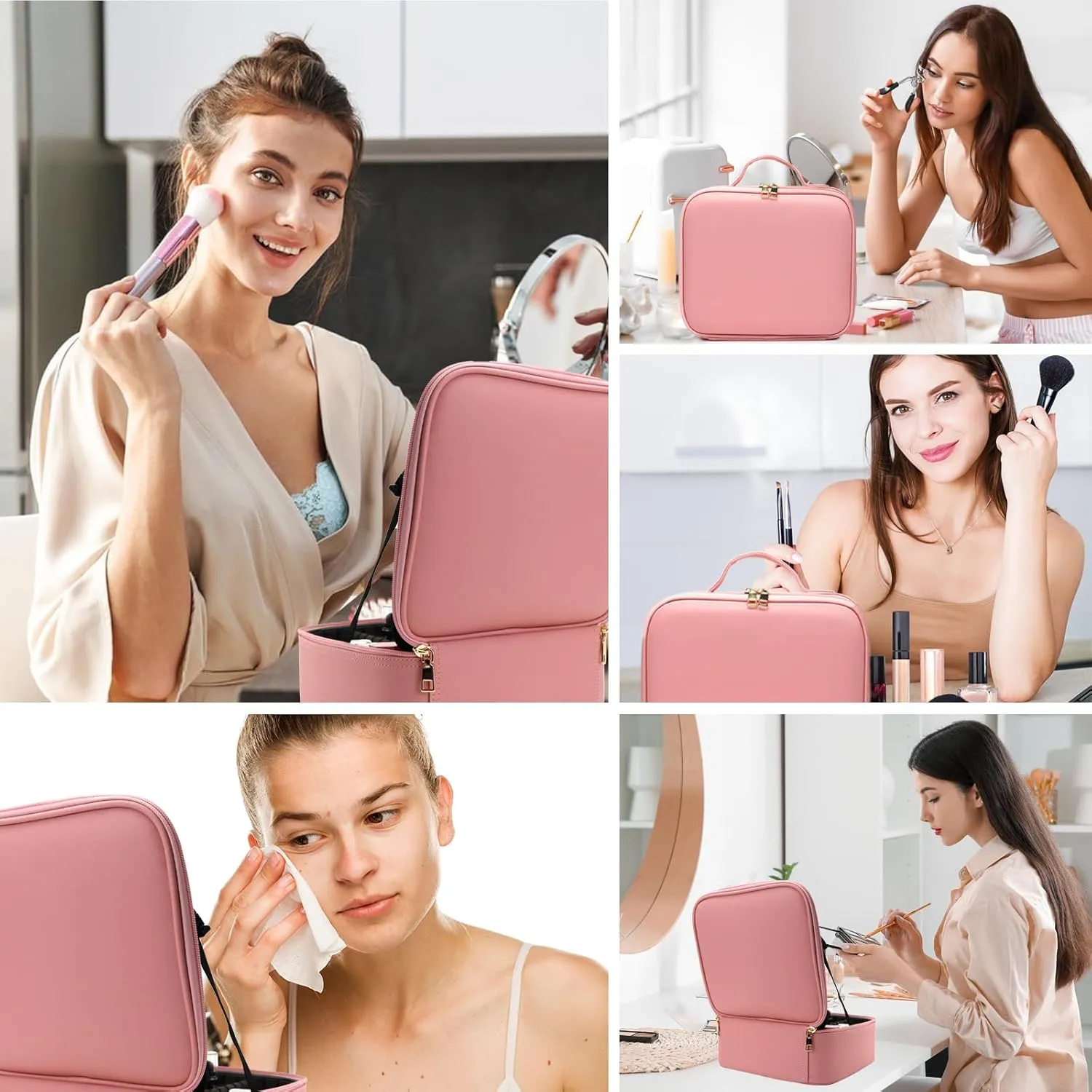 Travel Makeup Bag with LED Mirror and Light Travel Makeup Case Cosmetic Organizer Portable Cosmetic Brush Organizer Bag with Adjustable Dividers for Cosmetics Makeup Brushes Toiletry (Pink)