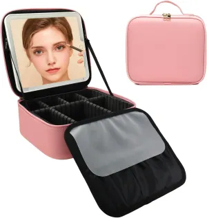 Travel Makeup Bag with LED Mirror and Light Travel Makeup Case Cosmetic Organizer Portable Cosmetic Brush Organizer Bag with Adjustable Dividers for Cosmetics Makeup Brushes Toiletry (Pink)