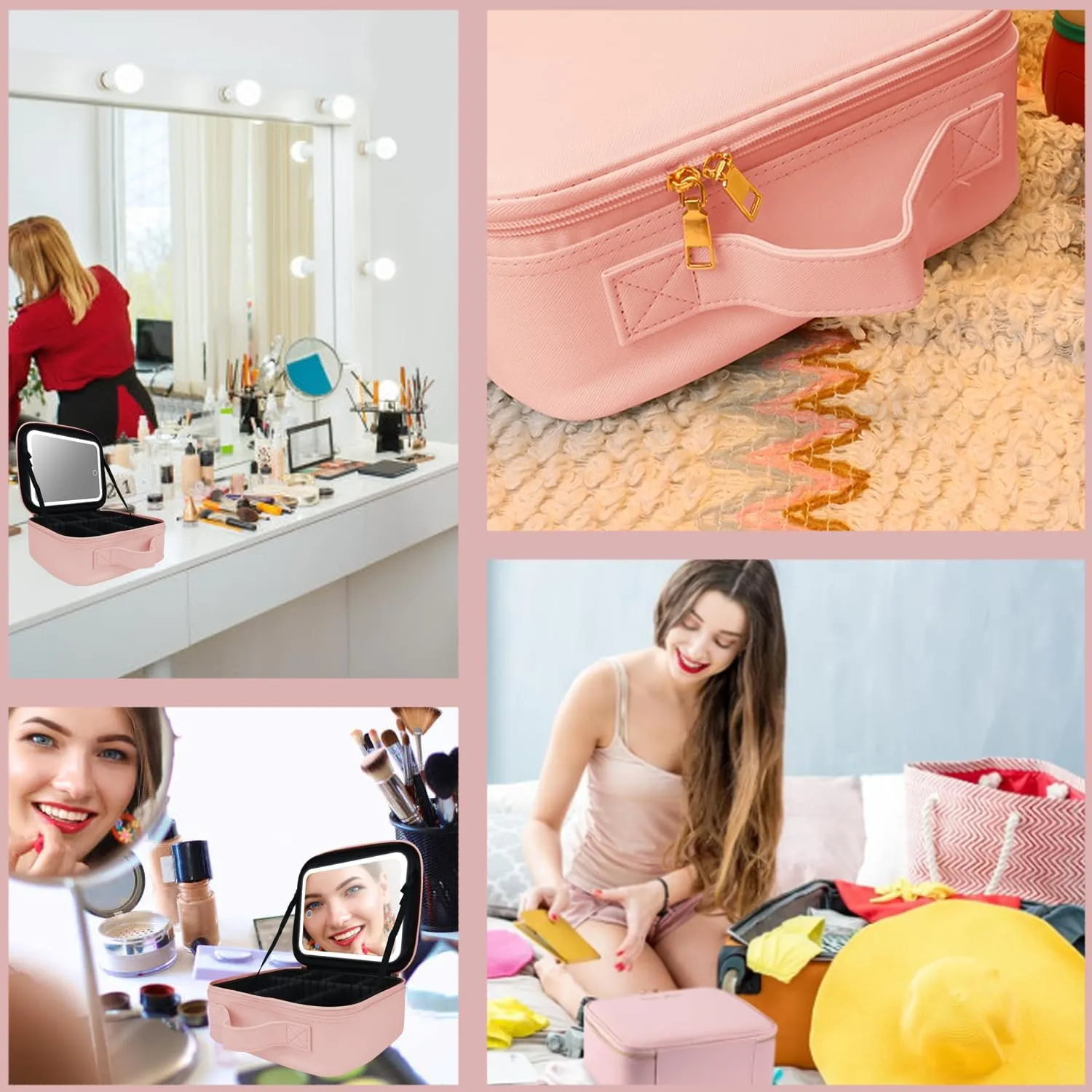 Travel Makeup Bag with LED Mirror and Light Travel Makeup Case Cosmetic Organizer Portable Cosmetic Brush Organizer Bag with Adjustable Dividers for Cosmetics Makeup Brushes Toiletry (Pink)