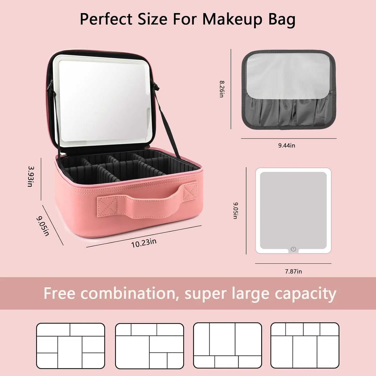 Travel Makeup Bag with LED Mirror and Light Travel Makeup Case Cosmetic Organizer Portable Cosmetic Brush Organizer Bag with Adjustable Dividers for Cosmetics Makeup Brushes Toiletry (Pink)