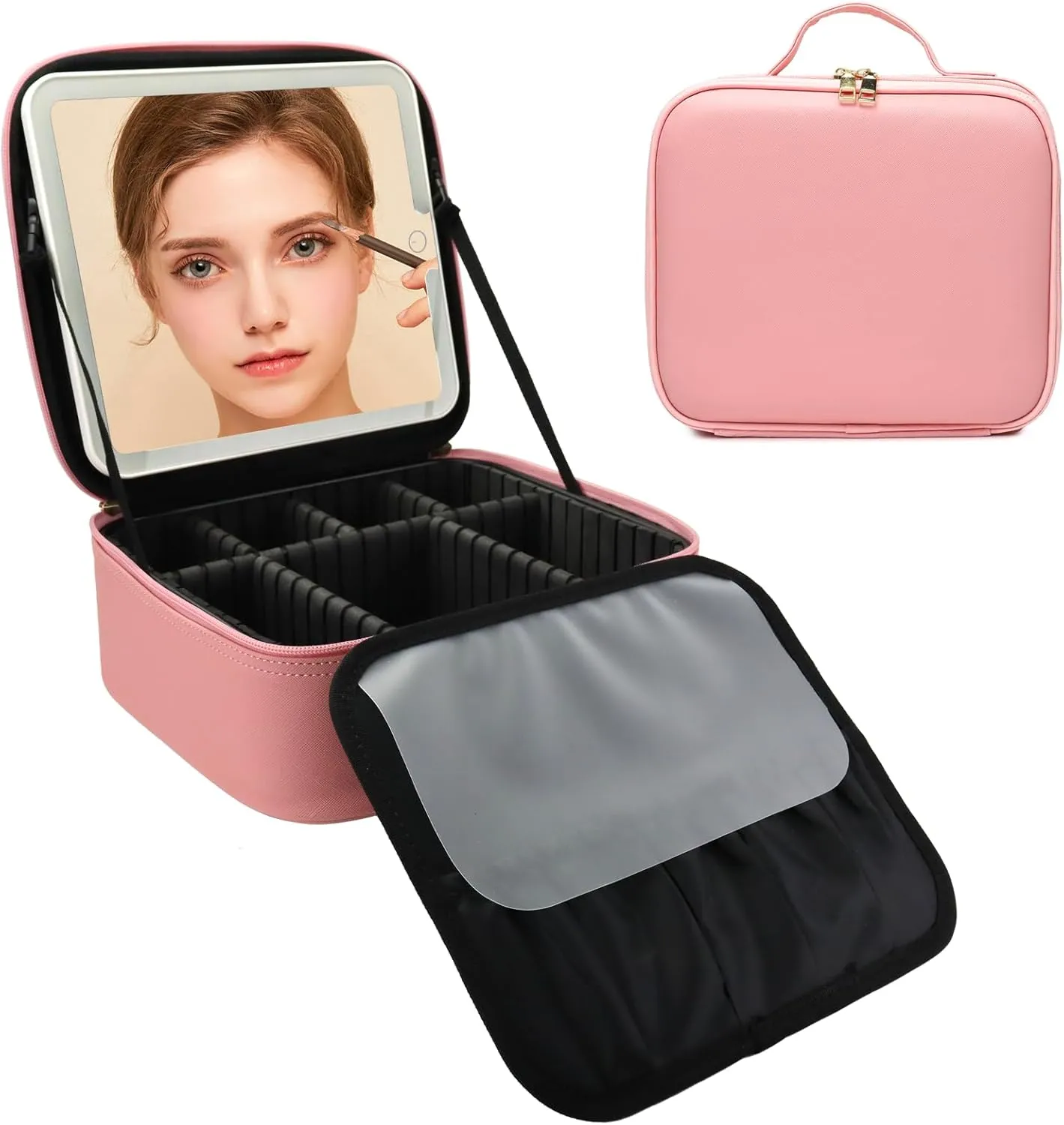 Travel Makeup Bag with LED Mirror and Light Travel Makeup Case Cosmetic Organizer Portable Cosmetic Brush Organizer Bag with Adjustable Dividers for Cosmetics Makeup Brushes Toiletry (Pink)