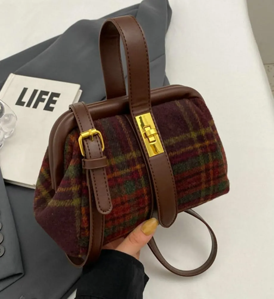Trendy Crossbody Purse Top Handle Bag Tweed Plaid Bag for Women Vintage Shoulder Bag Fall Winter Handbag Girl’s Gift