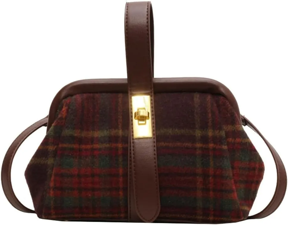 Trendy Crossbody Purse Top Handle Bag Tweed Plaid Bag for Women Vintage Shoulder Bag Fall Winter Handbag Girl’s Gift