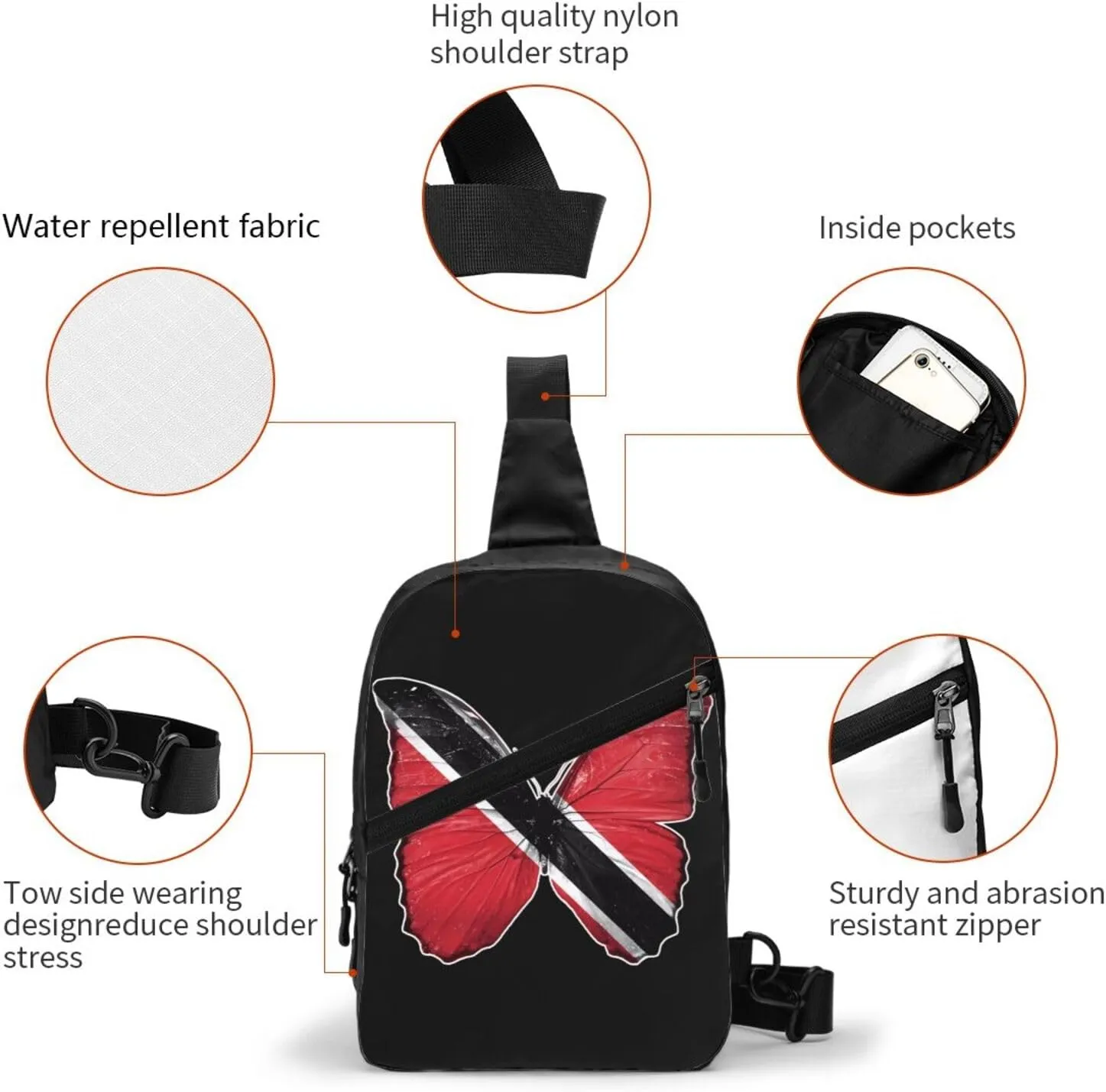 Trinidad Tobago Butterfly Flag Crossbody Bag Portable Sling Bags Foldable Chest Daypack Reusable Sports Shoulder Backpack Diagonally Casual Rucksack Travel Bag