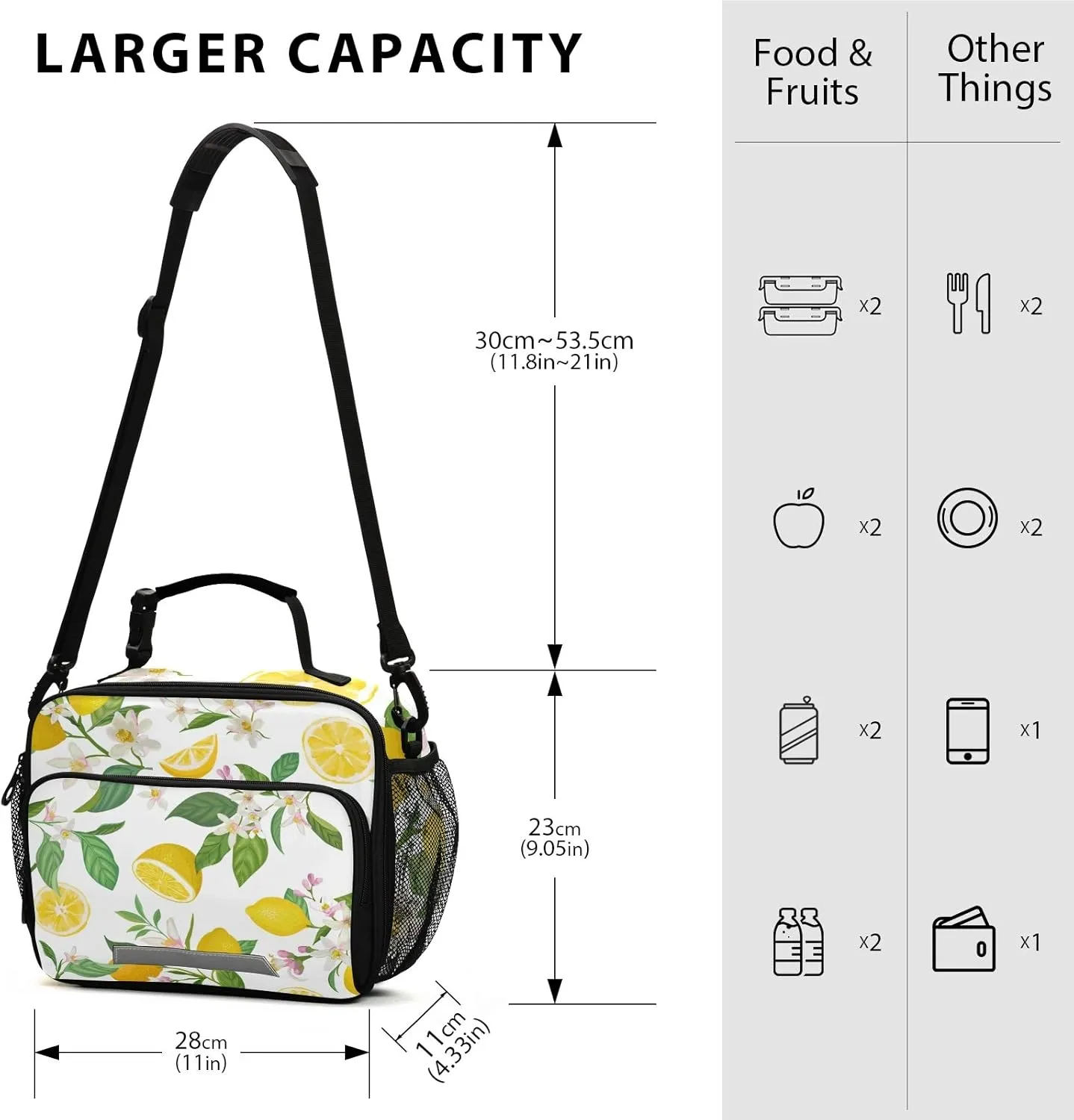 Tropic Fruits Lemon Print Insulated Lunch Bag with Detachable Shoulder Strap & Carry Handle, Eco-friendly Cooler Bag Tote Bag,School Lunch Box for Teens,Men,Women