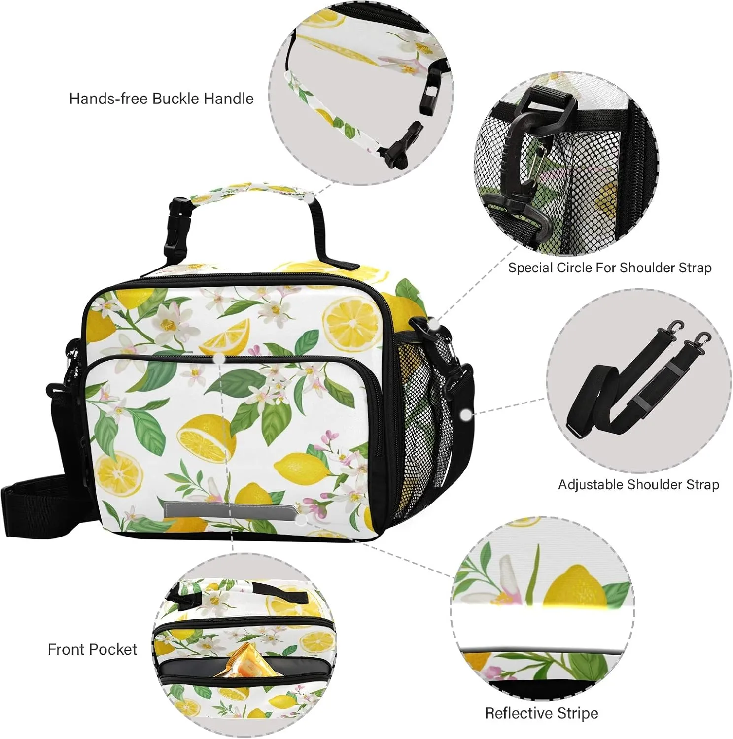 Tropic Fruits Lemon Print Insulated Lunch Bag with Detachable Shoulder Strap & Carry Handle, Eco-friendly Cooler Bag Tote Bag,School Lunch Box for Teens,Men,Women